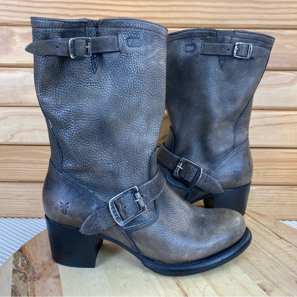 FRYE Womens 8 US Distressed Leather Block Heeled Mid-Calf Boots Western Biker - Picture 12 of 15